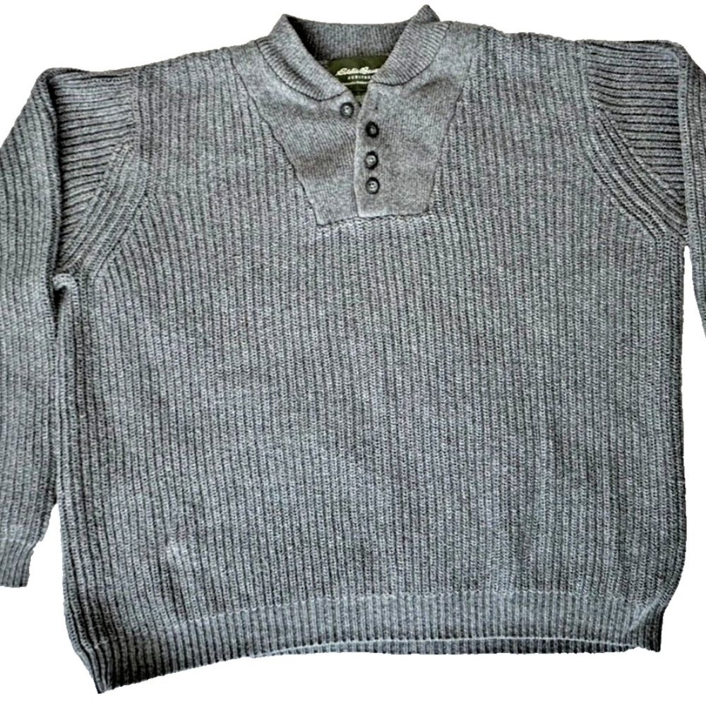 Eddie Bauer Heritage Men XL 1/4 Button Heavy Knit Gray Ribbed Sweater Thick